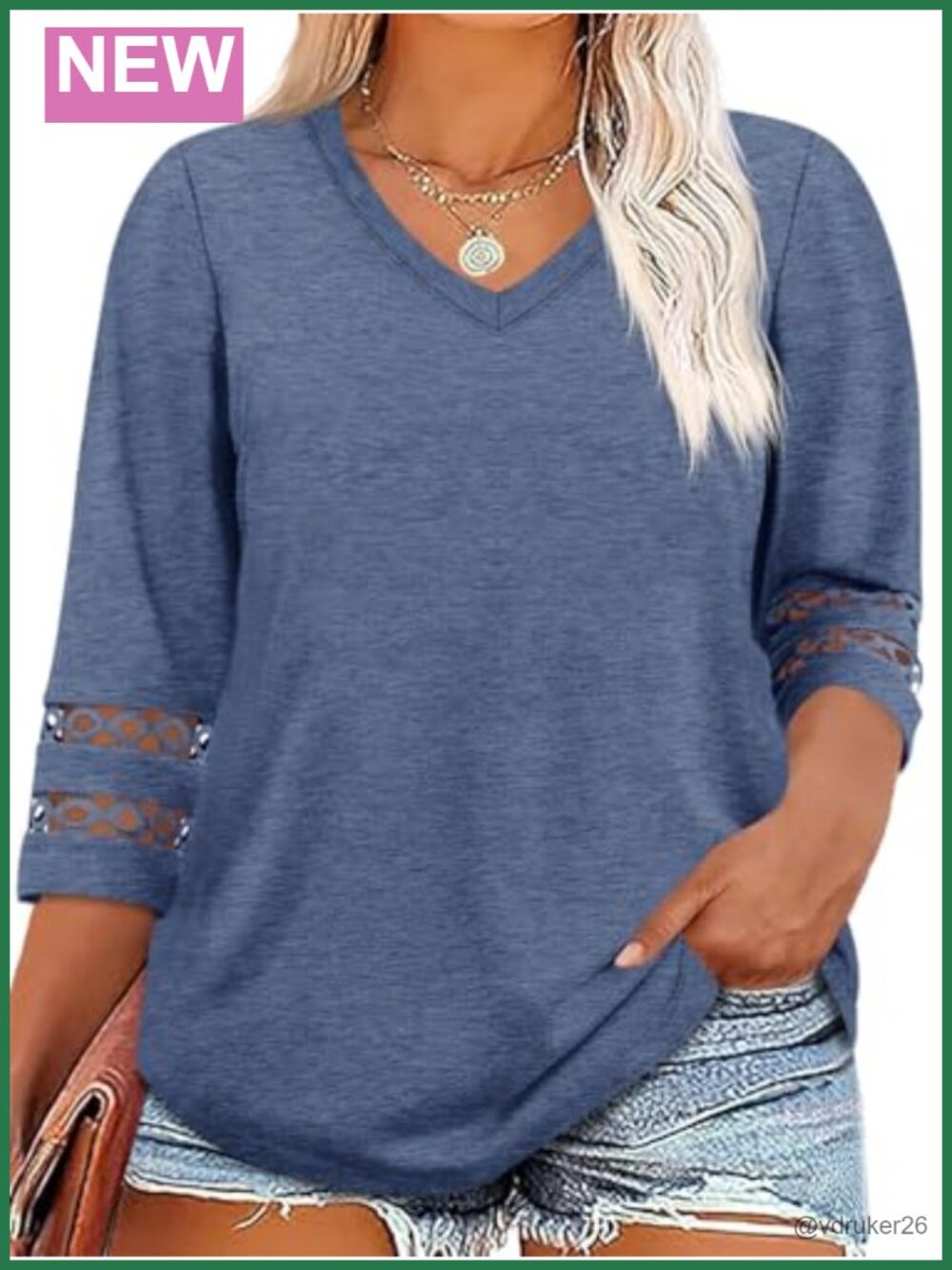 Womens Plus Size 3/4 Sleeve Lace Tunic Blouse V Neck Loose Fit Tee
